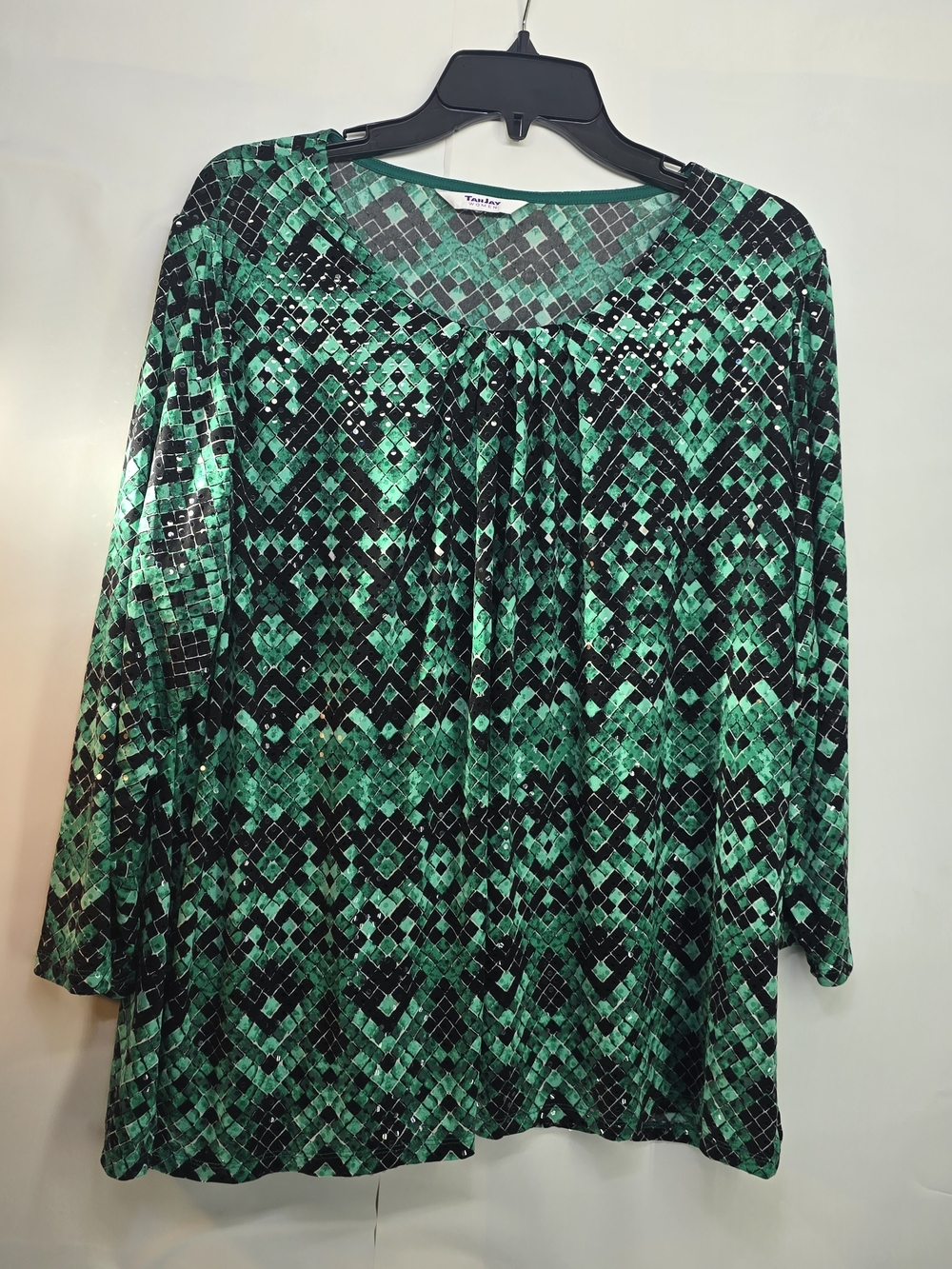 TanJay Green and Black Geometric Long Sleeve Blouse With Seqiuns